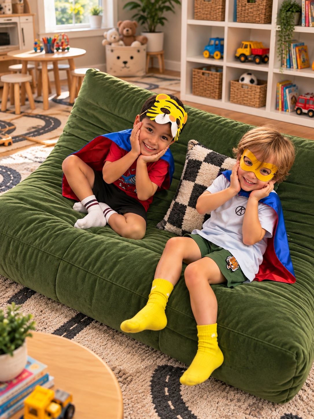 Two boys wearing capes and masks during imaginative play