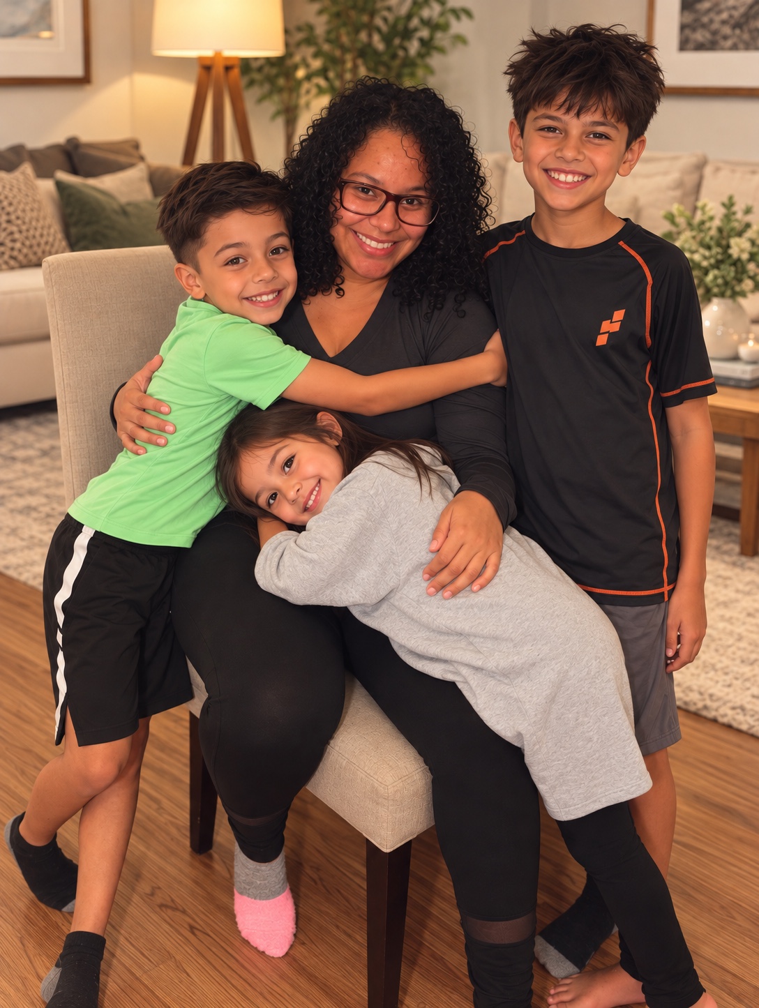 A caregiver surrounded by three smiling children