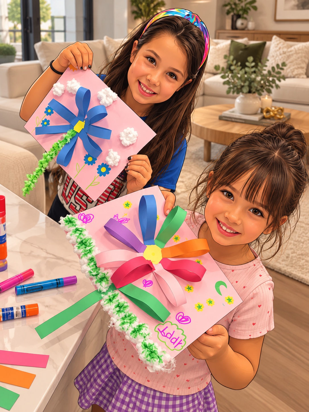 Two girls proudly displaying their colorful handmade artwork