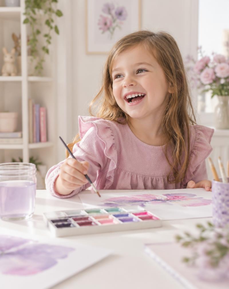 Smiling girl painting with watercolors
