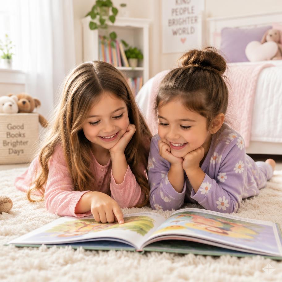Two kids reading a picture book together